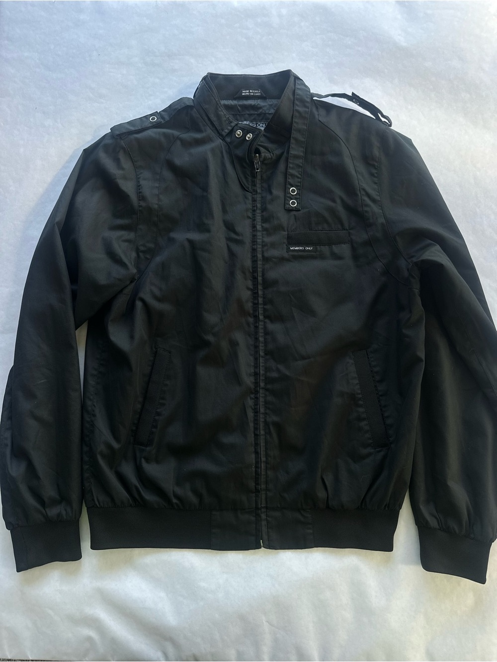 Members Only Black Lightweight Bomber Jacket with Epaulet Accents